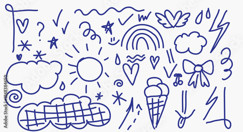 Abstract Childish Weather Outline Icon Bundle. Blue Scribble Line Collection. Imperfect Irregular Stroke Element Set. Childish Funny School Graphic Card or Banner Decoration