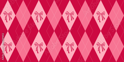 Coquette seamless pattern with pink vintage diamonds and bow. Girly wrapping texture background for birthday, St Valentines day and Christmas. Romantic print for textile. Vector illustration