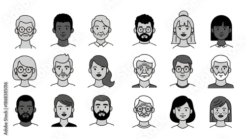 Diverse group of people illustrated in a grid on a white background