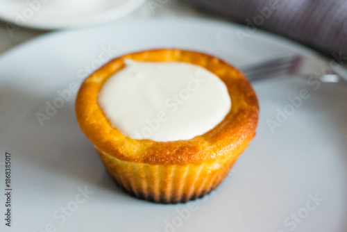 Burnt unappetizing cheesecake on a plate. Bad homemade pastry that looks bad