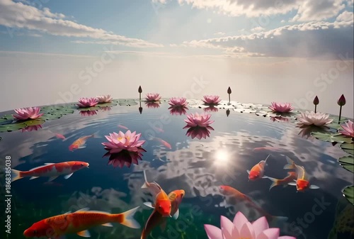 Wallpaper Mural Beautiful Lotus Flowers Floating on Water with Koi Fish and Sky. Torontodigital.ca