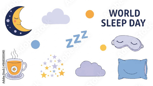World Sleep Day Celebration with Sleepy Moon and Cozy Elements.