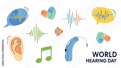 World Hearing Day illustration with hearing aids and sound waves.