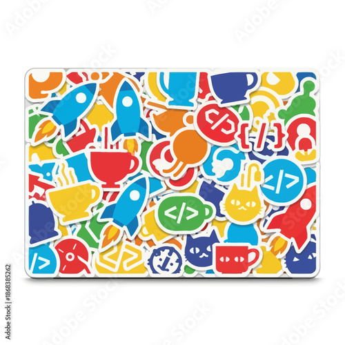 Software Engineer Laptop Sticker Bomb with Rocket Launch, Coffee Mug, and Code Tags, Tech Startup Culture Vector Background