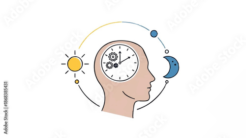 Human head with clock gears symbolizing circadian rhythm and time management.