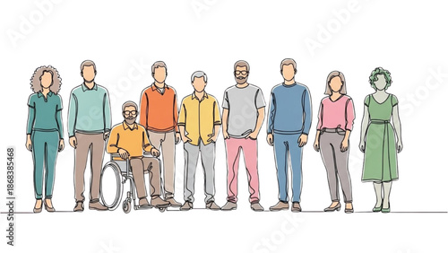 Diverse group of people including a person in a wheelchair standing together in a line