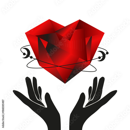 Modern love vector art isolated transparent. Vibrant color Gradient red heart in black hands with futuristic element symbol. Perfect hoodies t-shirt print. EPS 10