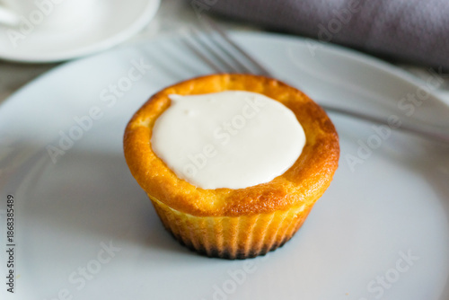 Burnt unappetizing cheesecake on a plate. Bad homemade pastry that looks bad