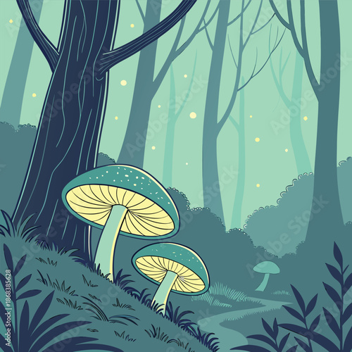 Whimsical illustration of glowing mushrooms in a mystical forest with lush greenery and twinkling lights