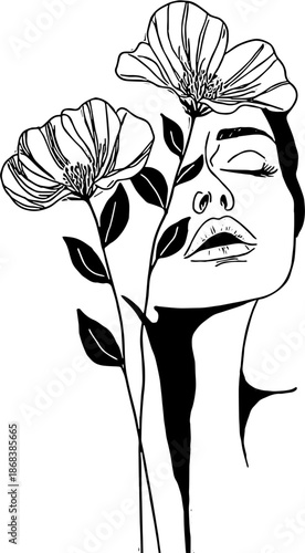 Woman face with a flower silhouette black illustration vector design