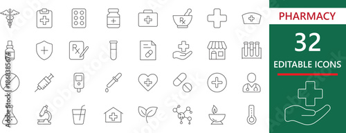 Pharmacy editable line icons for medicine delivery, prescription, and healthcare apps. Minimal vector set for medical UI, hospital, and biotech labs.