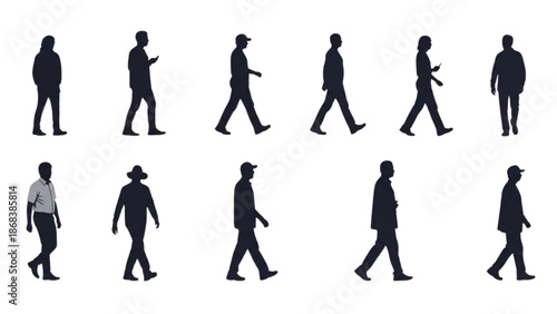Silhouettes of people walking in various directions on a white background