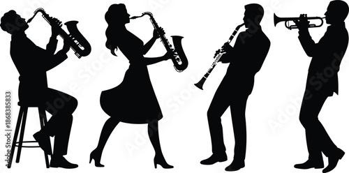 Silhouetted jazz musicians performing with saxophone, clarinet, and trumpet in dramatic pose, capturing artistic energy and rhythm of live instrumental ensemble.