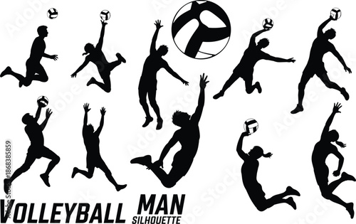 Volleyball player silhouettes set showing dynamic jumping, spiking, serving actions, black vector illustration for sports design, posters, logos, and advertising