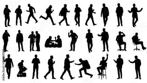 Various office workers in different activities and poses across a professional environment from multiple viewpoints