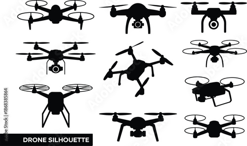 Drone silhouettes collection showing multiple quadcopter UAV camera angles, black vector illustration for aerial technology, photography, surveillance, and aviation design