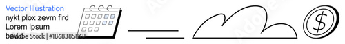 Time management, cloud storage, finance, cost calculation, planning, data synchronization. Calendar, cloud and dollar coin graphic. Time management and cloud storage visualization