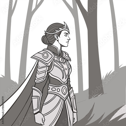 A female warrior in armor and a cape standing in a forest looking to the right side