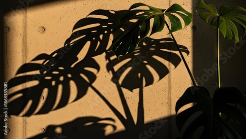 Monstera plant shadows on a concrete wall with sunlight