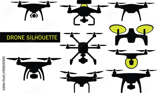 Drone silhouettes set featuring quadcopter UAV designs with camera, black vector illustration for aerial technology, surveillance, photography, and modern aviation use