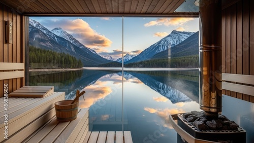 Serene sauna overlooking tranquil lake with snow-capped mountains