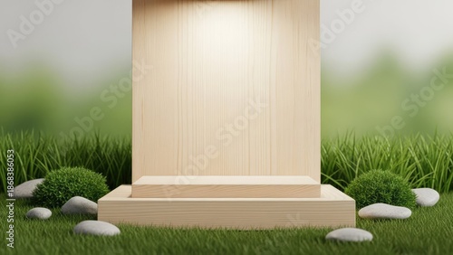 Modern wooden podium in serene garden setting with green grass