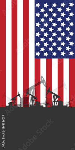 Oil rig pumpjack background. American petroleum industry. united states of america flag. Crude oil