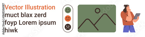 Emotional feedback analysis, data visualization, user experience design, behavioral studies, decision-making tools, work productivity. Person reviewing a chart with emoticon feedback icons. Emotional