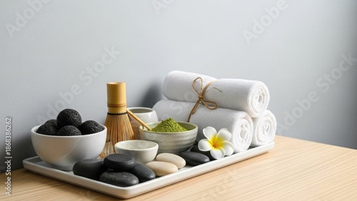 Serene spa setup with towels, matcha, and stones on wooden table