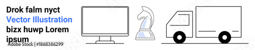 Business logistics, strategic planning, transportation, shipping, supply chain, ecommerce. Outlined monitor, chess piece truck. Shipping and strategic planning icon