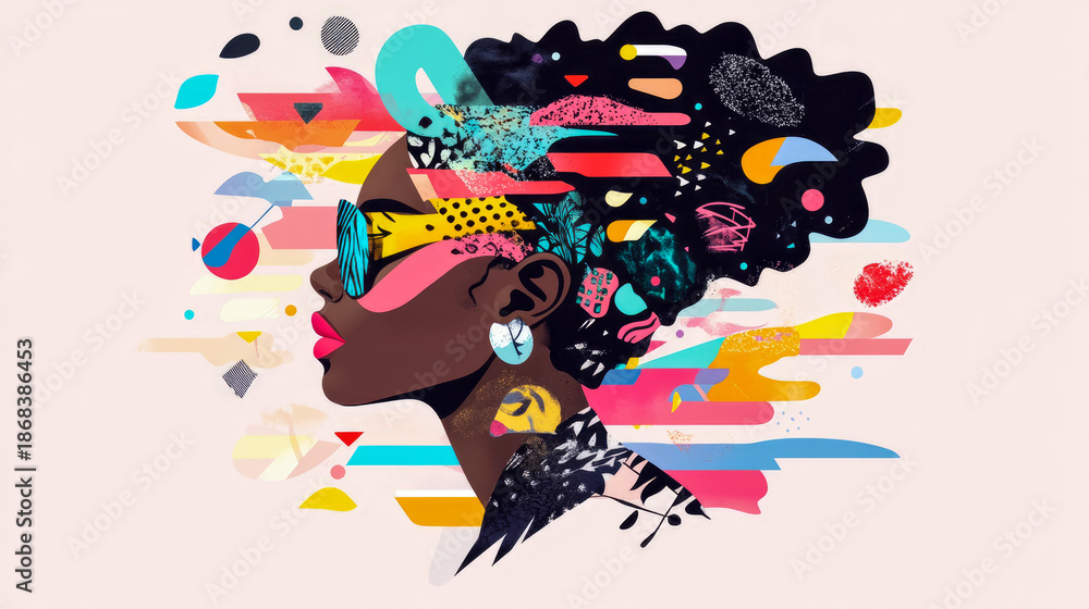 Naklejka premium Vibrant abstract portrait of stylish Black woman with dynamic colorful afro and geometric sunglasses, showcasing modern art and creative expression