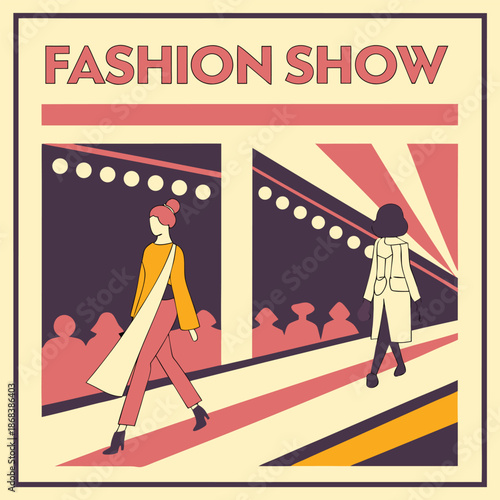 Fashion show illustration with stylish people walking down a catwalk with audience in the background and bright lights shining down