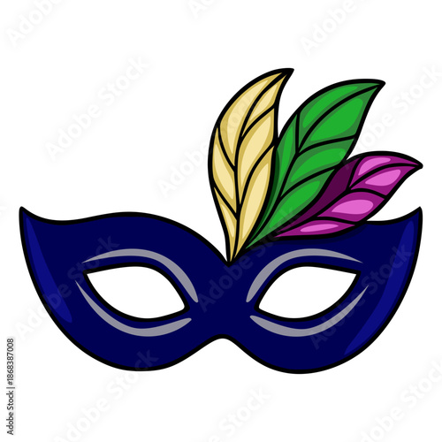 A stylized vector illustration of a dark blue masquerade mask adorned with vibrant yellow, green, and purple feathers, perfect for festive or celebratory themes.