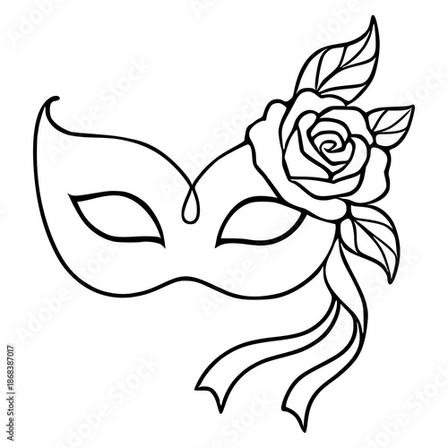 Elegant vector illustration of a Venetian masquerade mask adorned with a delicate rose and flowing ribbons.