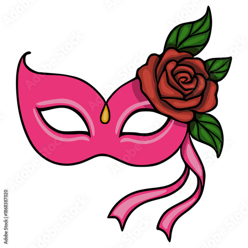 A vibrant pink masquerade mask adorned with a detailed red rose and green leaves, featuring flowing ribbons and a golden teardrop accent, presented as a clean vector illustration.