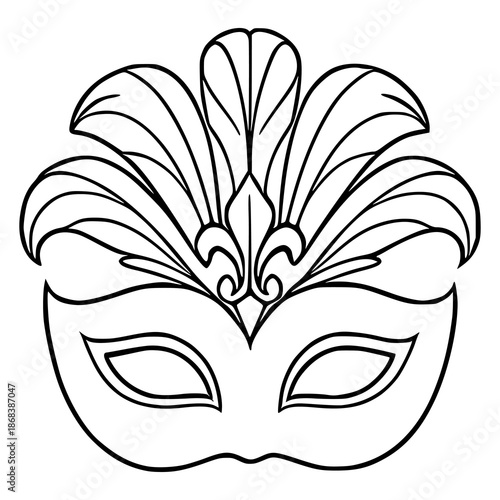 Elegant vector illustration of a black and white Mardi Gras mask with ornate feather-like embellishments and intricate scrollwork.