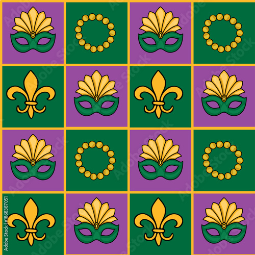 Seamless vector pattern featuring Mardi Gras masks, fleur-de-lis symbols, and golden bead necklaces on a grid of purple and green squares with yellow borders.
