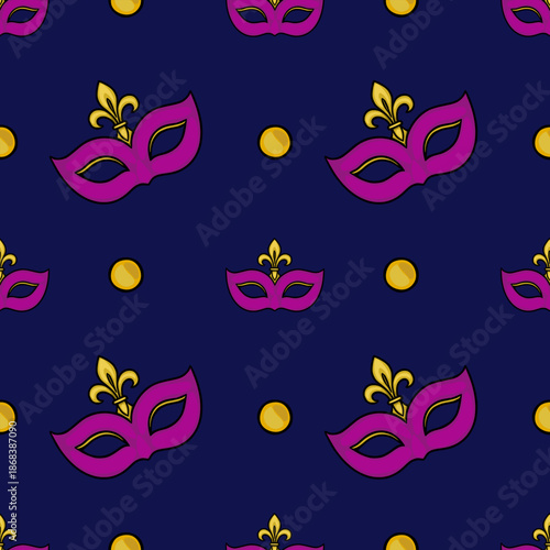 Seamless vector pattern of Mardi Gras masks and fleur-de-lis emblems on a deep blue background, accented with golden circles.