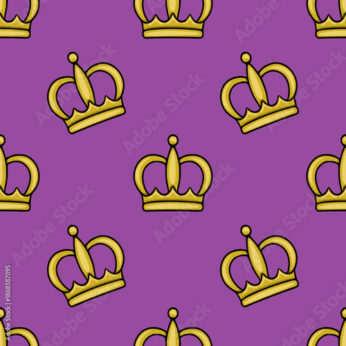 Seamless vector pattern featuring golden royal crowns on a vibrant purple background, perfect for festive or regal designs.
