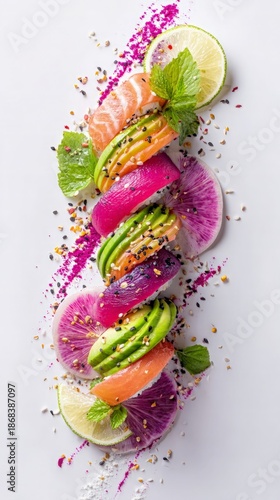 Colorful sushi roll slices with salmon avocado tuna and radish decorated with lime and mint © Виктория Марьенко