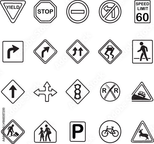 Essential line icons for traffic warning signs, road directions, and safety regulatory symbols.