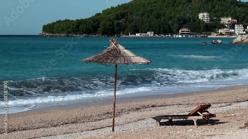 Wallpaper Mural Ruhiger Strand mit Liege, Sonnenschirm und Meerblick,  Himarë, Kreis Vlora, Albanien Torontodigital.ca