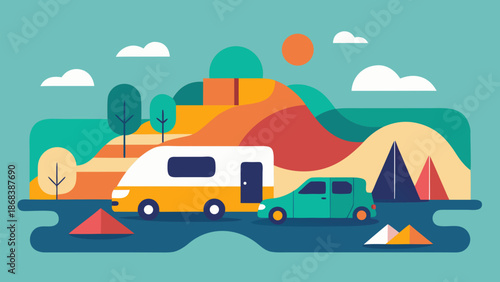 Flat vector illustration of car with camper trailer parked near tents in colorful nature landscape