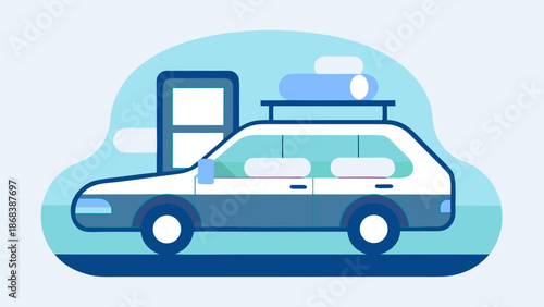 Car with luggage on roof parked near house door in flat minimal style