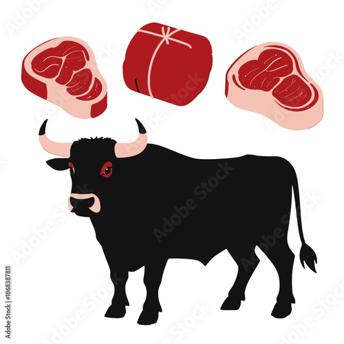 Black bull standing with beef cuts