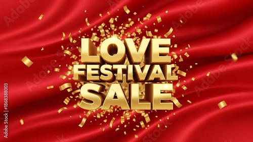 Love festival sale banner with gold lettering and confetti
