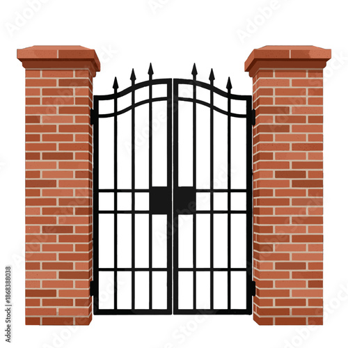 Black metal gate with two brick pillars