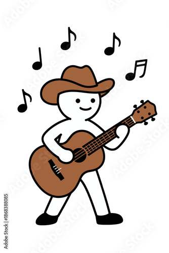 Cartoon cowboy playing guitar with musical notes