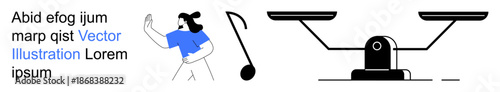 Music, equality, balance, justice, lifestyle concepts, creative arts. A woman gesturing with a music note and a balance scale. Music and equality harmony and fairness