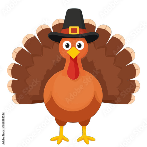 Cartoon turkey wearing a pilgrim hat